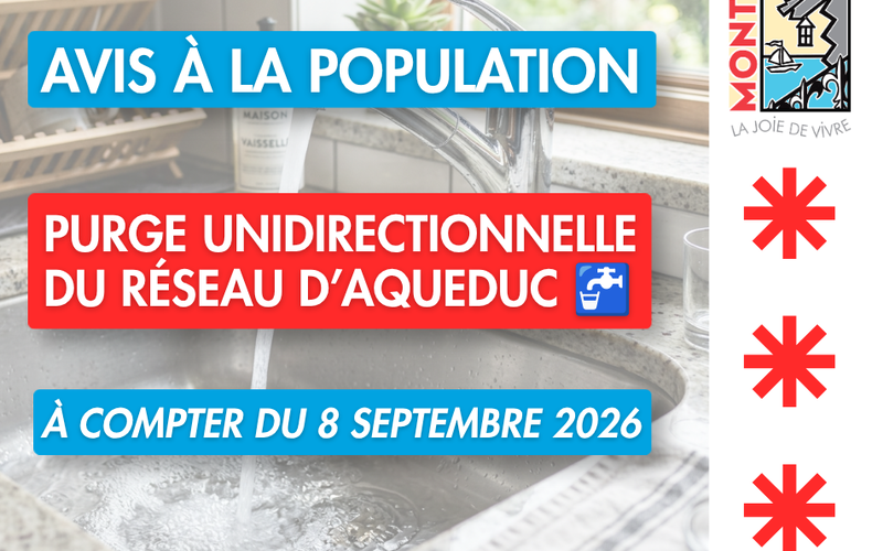 🚰 Purge du réseau d'aqueduc - À compter du 8 septembre 2026